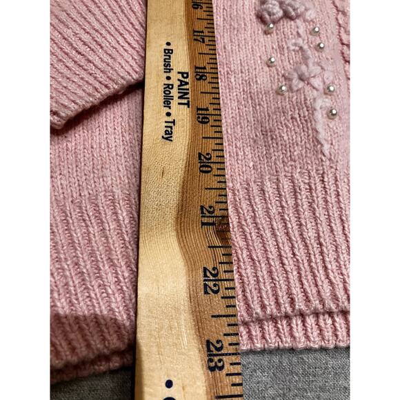 Bramble Lane M Silk Angora Lambswool Faux Pearls Pink Granny Sweater Cable VTG - Picture 9 of 11